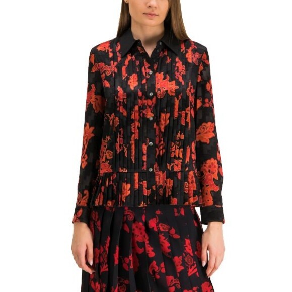 Tory Burch Printed Pleated Shirt Womens 4 Black Red Paisley Button Up $498 NWT - Picture 8 of 8